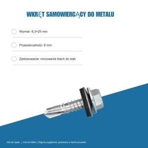 Wkręt samowiercący do metalu 6,3x25 mm, przewiercalność 6 mm, EPDM, 100 szt. – ocynk bez lakieru